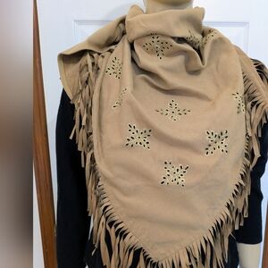 Western Style Tan Fringed Scarf with Cutout Floral Design